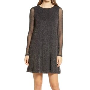 Lilly Pulitzer Ophelia Glitter Black Gold Metallic Sheer Sleeve Party Dress -‎ L